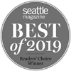 The image shows a circular badge reading &ldquo;Seattle Magazine Best of 2019 Readers&rsquo; Choice Winner.&rdquo;