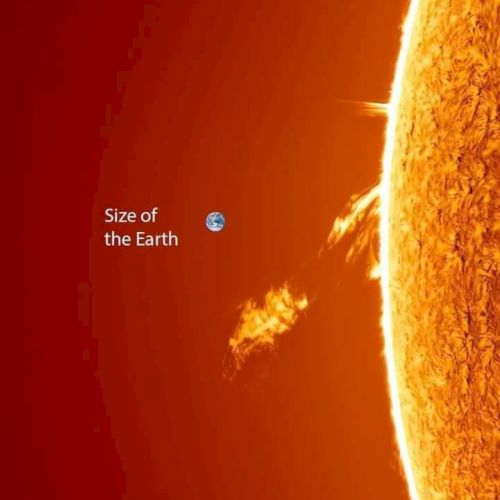 Image comparing the Earth and the Sun, showing Earth's size as very small next to the Sun's large, vibrant edge and solar prominence.