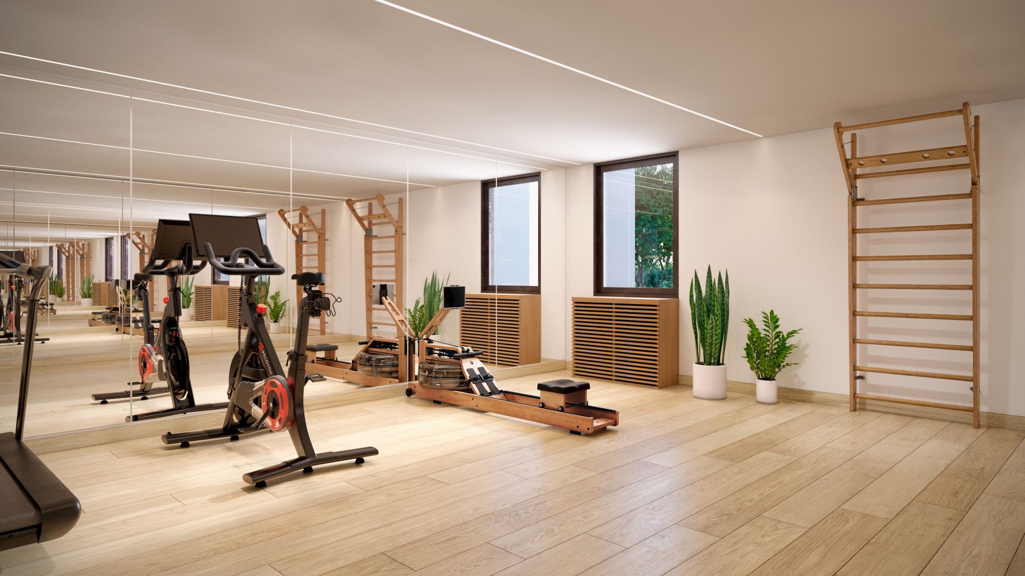 The image shows a modern gym with exercise bikes, wooden floors, mirrors, plants, and wall-mounted fitness equipment.