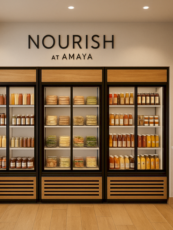 This image shows a modern grocery store section with fridges, shelves of packaged goods, and a coffee machine with microwave nearby.