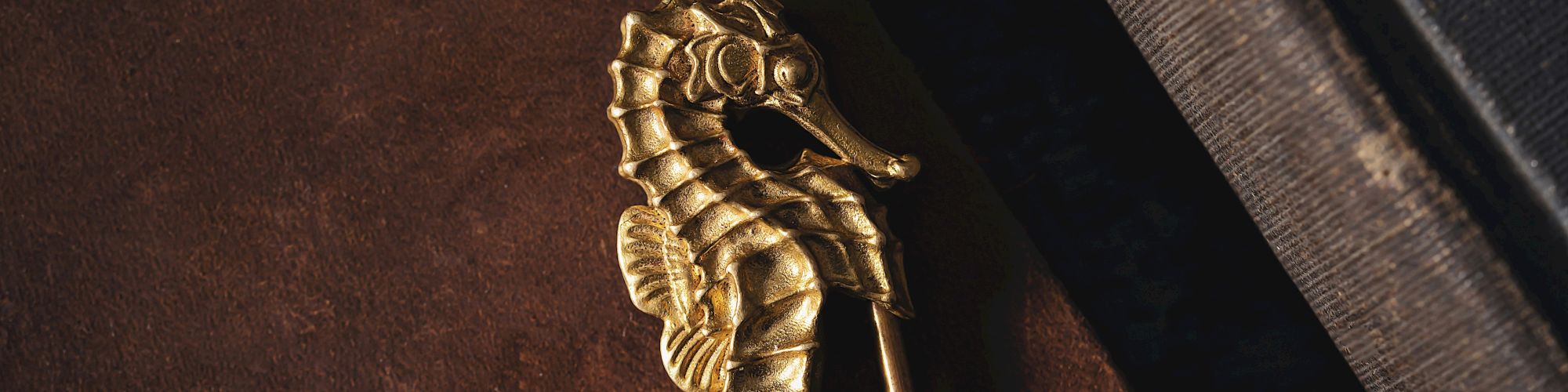 A bronze seahorse-shaped safety pin is placed on a brown leather surface.