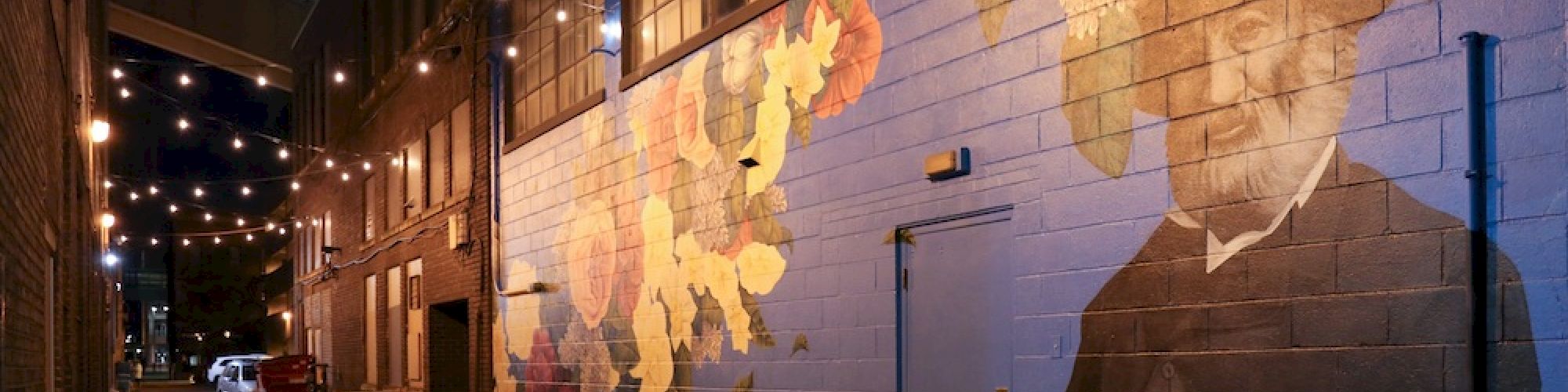 The image shows a colorful mural in an alley with string lights at night. A figure with flowers for a head is depicted on the wall.