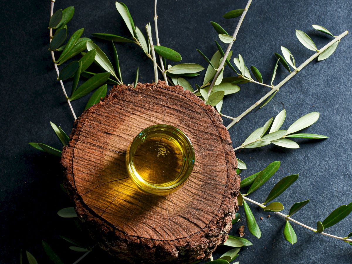 A small glass of oil sits on a wooden log, surrounded by olive branches on a dark background.