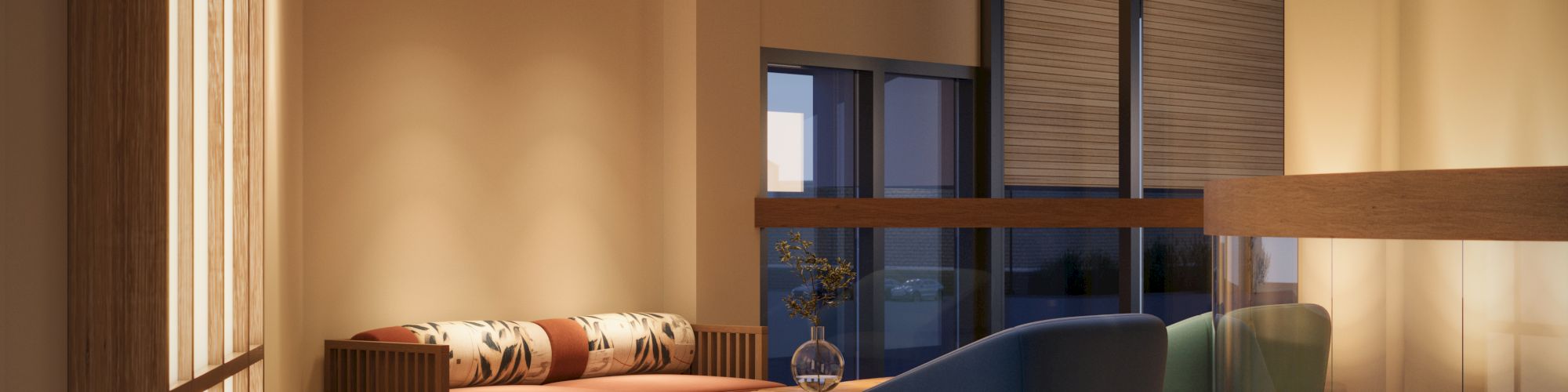 A modern, stylish living space with cozy seating, warm lighting, wooden accents, and large windows creating an inviting atmosphere.