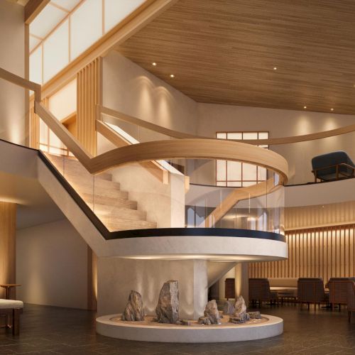 Architectural rendering of The Amaya lobby illustrating design intent, spatial flow, and material palette